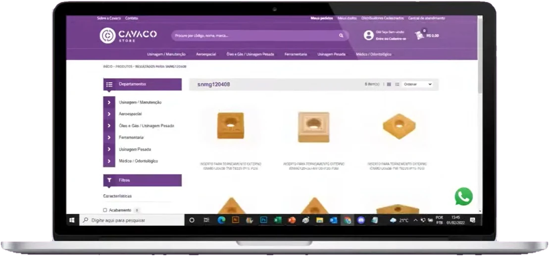 Notebook com a loja on-line cavaco.store aberta, mostrando insertos para torneamento