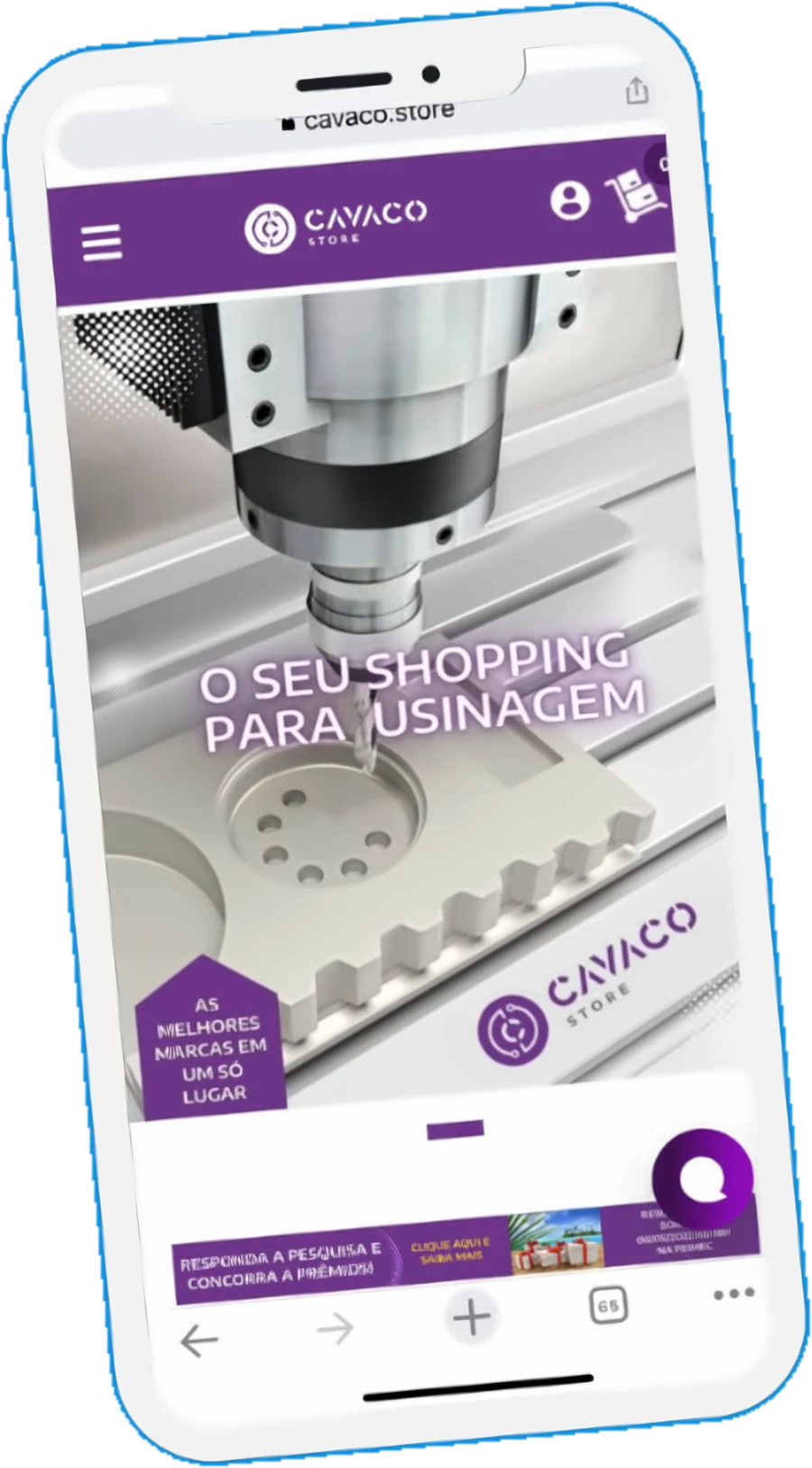 Celular com o portal cavaco.store aberto: O seu shopping para usinagem