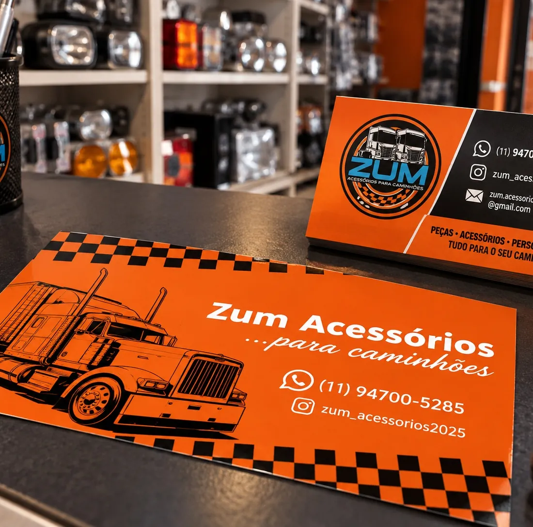 Adesivo e cartão de visita da ZUM sobre o balcão da loja