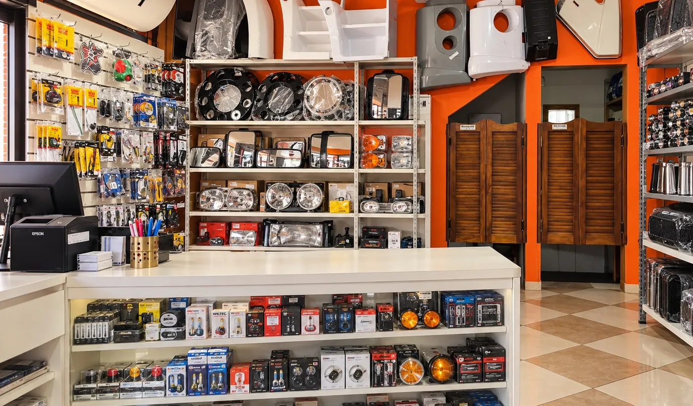 Interior da loja ZUM: balcão branco e prateleiras com retrovisores, lanternas, calotas e outros acessórios para caminhões